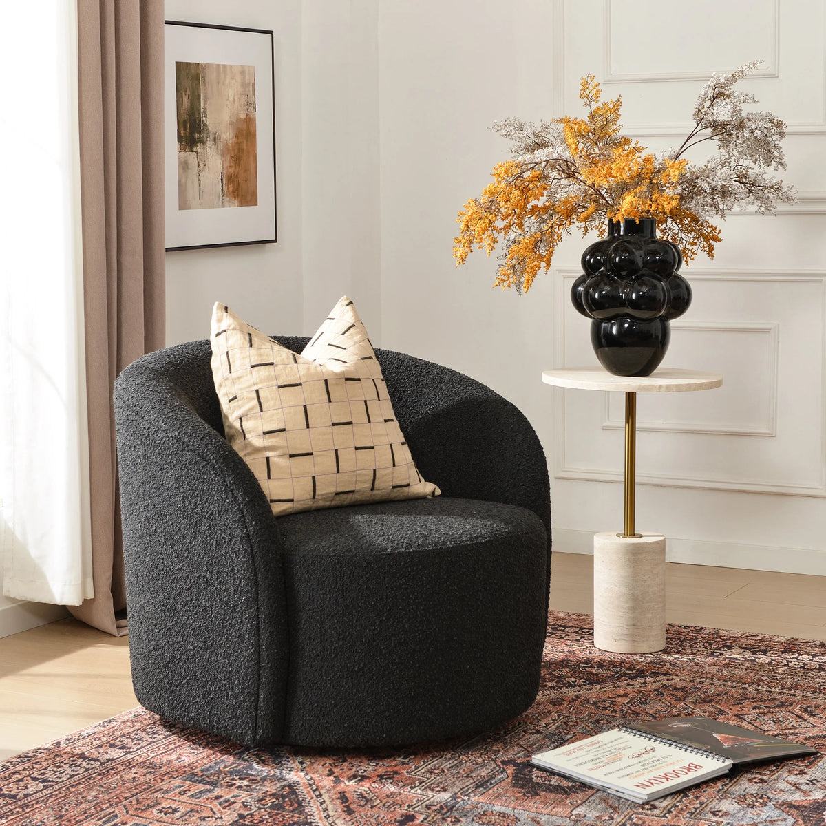34" W Mid Century Modern Swivel Barrel Chair, Round Upholstered Boucle Swivel Accent Chairs, No Assembly Sofa Chair for Living Room Bedroom Reading Apartment Lounge Nursery(Cream)