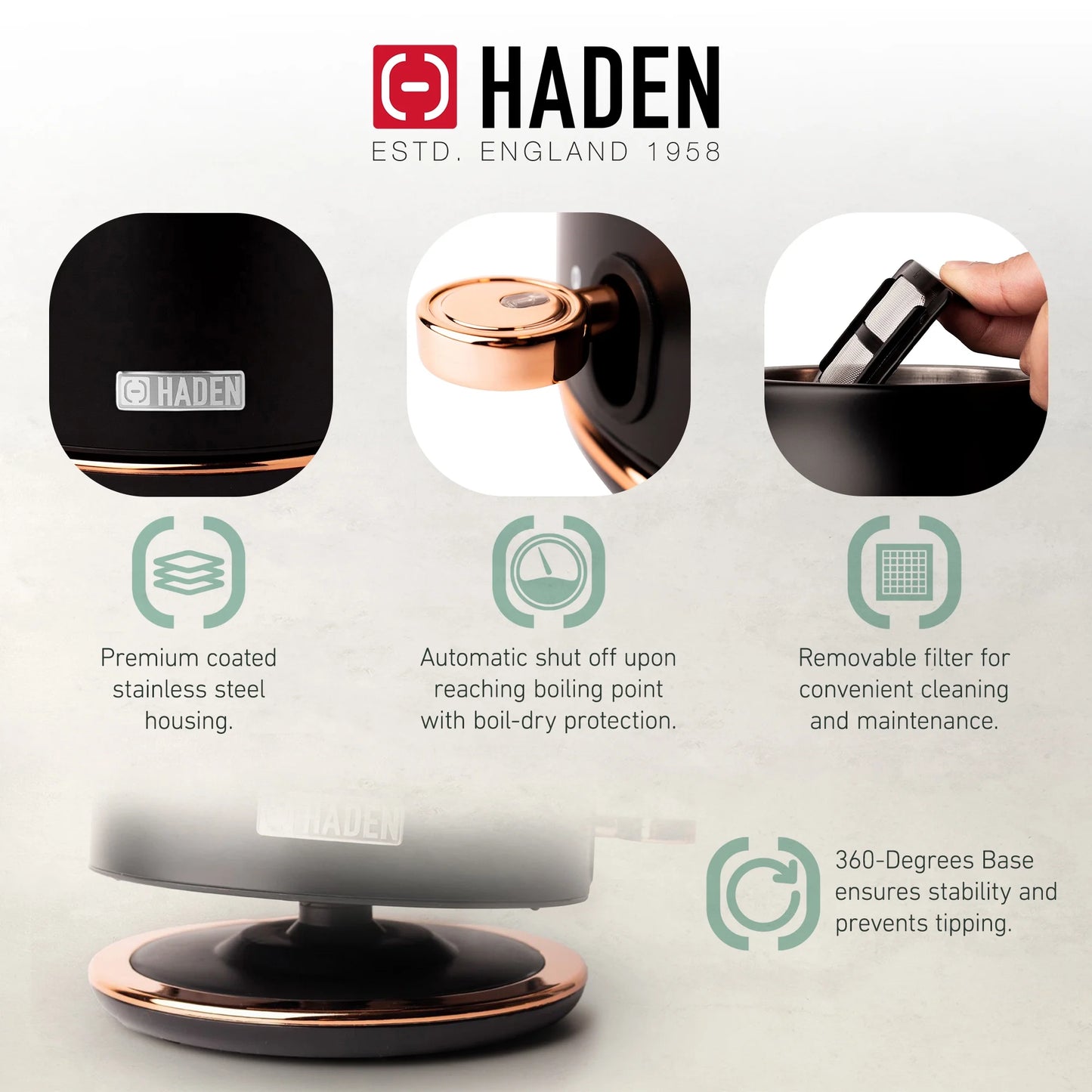 Haden Heritage 1500 1.7 Electric Kettle, Matte Black Finish with Copper Accents