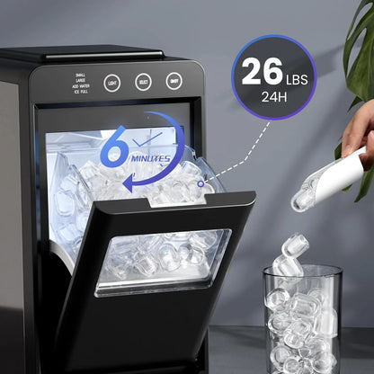 Moifoi Ice Maker Countertop, 26 lbs/24 H, 8 Pcs Ice  in 6 Mins, Portable Ice Maker Machine with Self-Cleaning, Interior Lighting,  2 Sizes Bullet Ice, Black