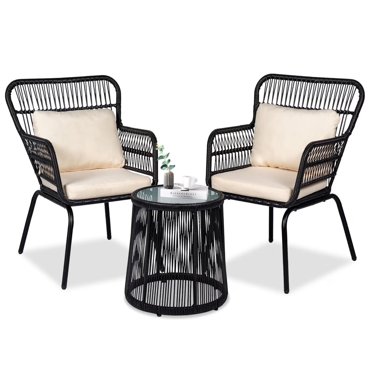 Tappio 3-Piece Patio Conversation Bistro Set Rattan Furniture, Outdoor Patio Set w/Glass Top Table & Cushions for Garden Balcony Backyard Poolside, Yellow/Beige