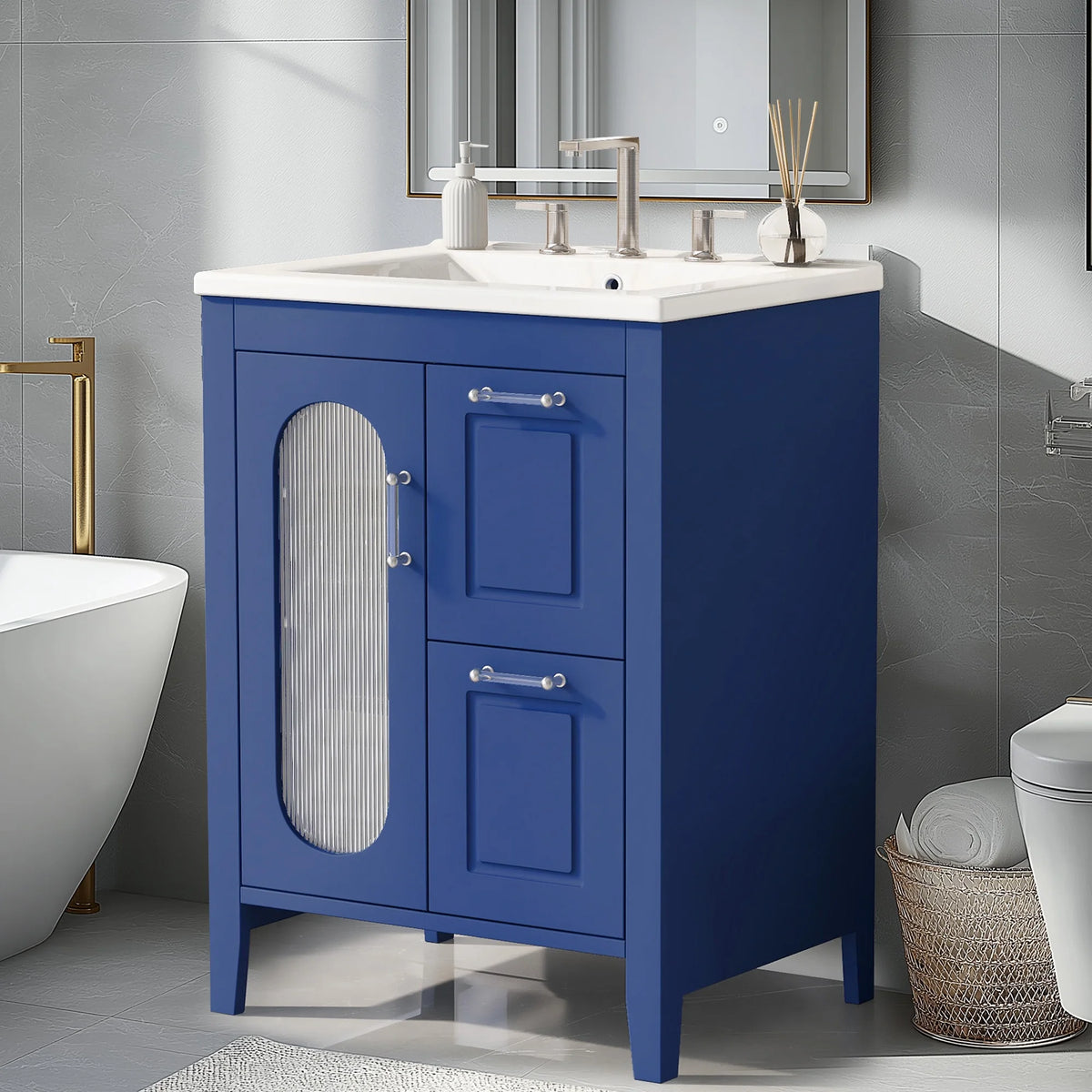 Soges 24" Bathroom Vanity with Ceramic Sink, Solid Wood Bathroom Makeup Cabinet with Door, Adjustable Shelf and 2 Drawer, Free Standing Single Basin Vanity Set for Small Bathroom, White