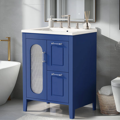 Soges 24" Bathroom Vanity with Ceramic Sink, Solid Wood Bathroom Makeup Cabinet with Door, Adjustable Shelf and 2 Drawer, Free Standing Single Basin Vanity Set for Small Bathroom, White