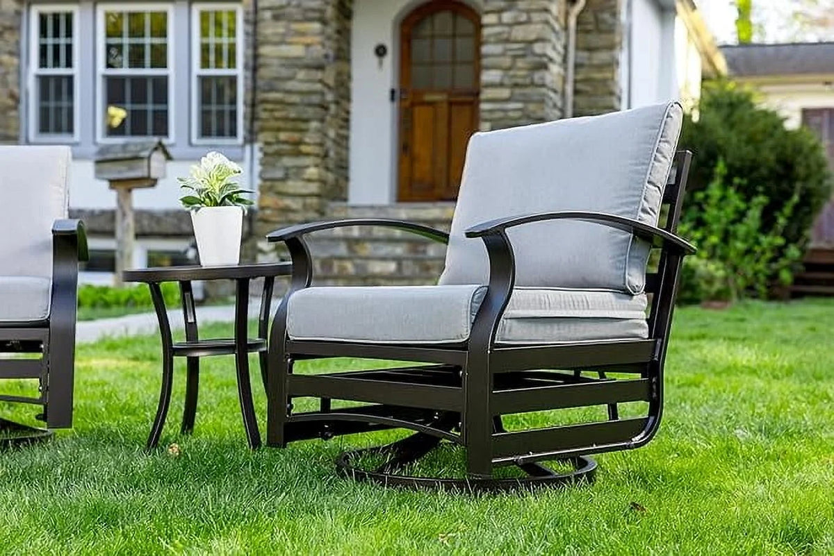 ALAULM 3 Piece Patio Outdoor Aluminum Metal Swivel Rocking Chair with 1 Coffee Table and 2 Khaki Padded Cushions Outdoor Metal Swivel Rocking Chair Furniture Conversation Set for Porch Garden