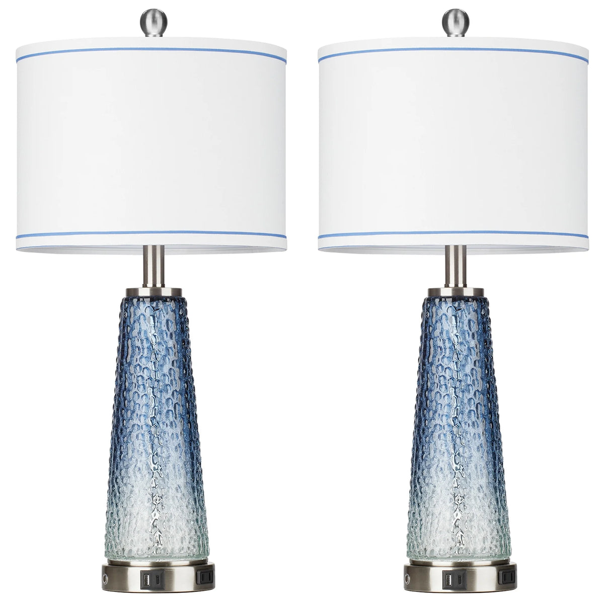 Cinkeda Modern Table Lamp Set of 2 for Bedroom Living Room with USB A+C Ports AC Outlet Gradient Grey Glass Nightlight Nightstand Bedside Lamps