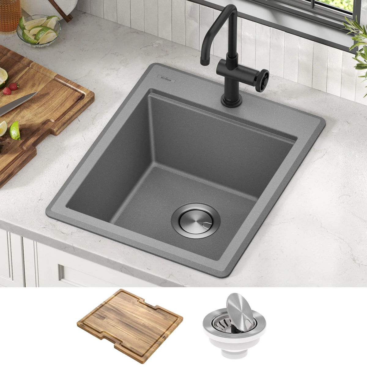 KRAUS Bellucci 18 Granite Composite Workstation Drop-In Top Mount Single Bowl Kitchen Bar Sink in White with Accessories