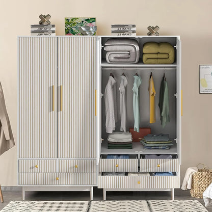 Armoire Wardrobe Closet with 2 Doors, Wardrobe Cabinet with Hanging Rod and Drawers, Wooden Closet for Bedroom, White