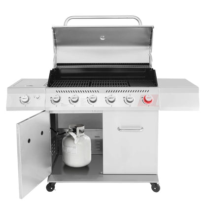 Gourmet GA6402S Stainless Steel Gas Grill, Premier 6-Burner BBQ Grill with Sear Burner and Side Burner, 74,000 BTU, Cabinet Style, Outdoor Party Grill, Silver