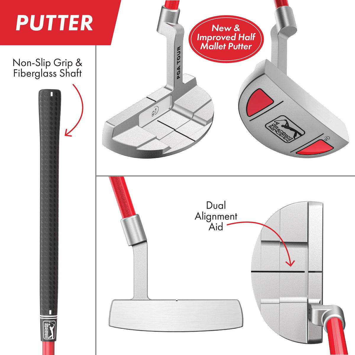 PGA Tour Right-Handed 10 Piece Kids Golf Club Stand Bag Set; Player Height 4'8 - 5'2", Ages 8-12