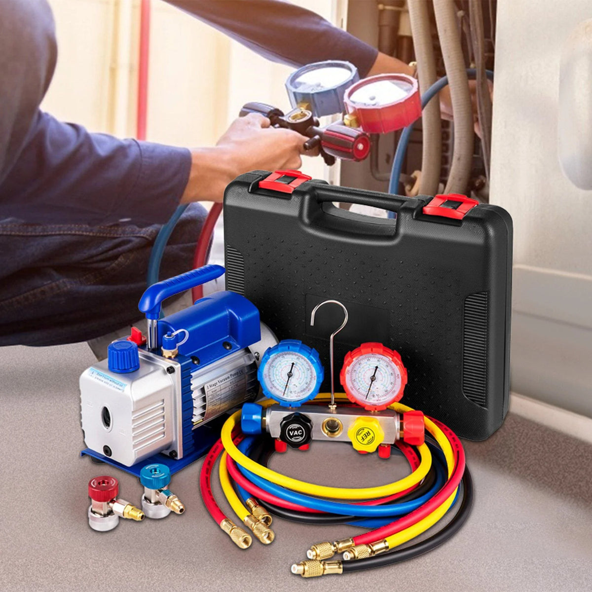 Vacuum Pump 4.8CFM 1/3 HP Single Stage HVAC A/C Refrigeration Kit 5PA Ultimate Vacuum Manifold Gauge Set R410A R134A R22 HVAC AC, 4-Way Manifold Gauge and Hose for Air Conditioning Systems