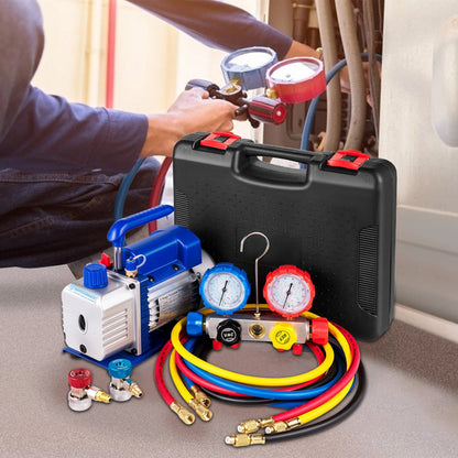 Vacuum Pump 4.8CFM 1/3 HP Single Stage HVAC A/C Refrigeration Kit 5PA Ultimate Vacuum Manifold Gauge Set R410A R134A R22 HVAC AC, 4-Way Manifold Gauge and Hose for Air Conditioning Systems