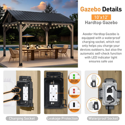 Aoodor 10 x 12 ft Wooden Frame Gazebo with 2-Tier Galvanized Metal Hardtop Roof, Outdoor Patio Gazebo with Charging Socket for Patio, Backyard, Deck, and Lawn
