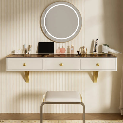 GO 47" Floating Shelf with Drawer, Multi-Purpose Wall-Mounted Vanity Table, Mounted Desk, Floating Table for Bedroom, Bathroom, Hairdressers, White and Golden