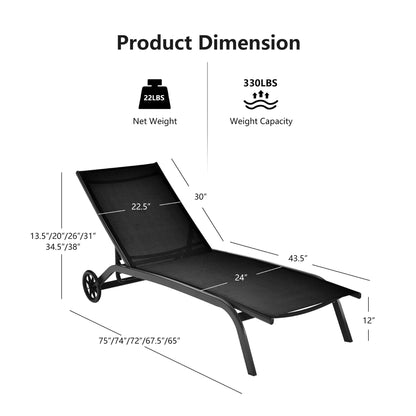 Costway 2PCS Outdoor Adjustable Chaise Lounge Patio 6-Position Recliner Wheels Black