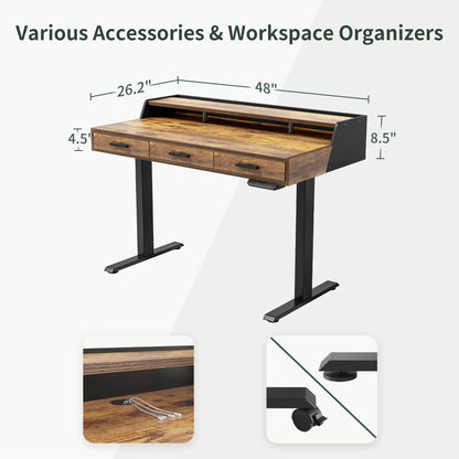 FEZIBO Electric Standing Desk with 3 Drawers & Monitor Shelves, 48 x 26 inches Sit Stand Home Office Desk, Rustic Brown