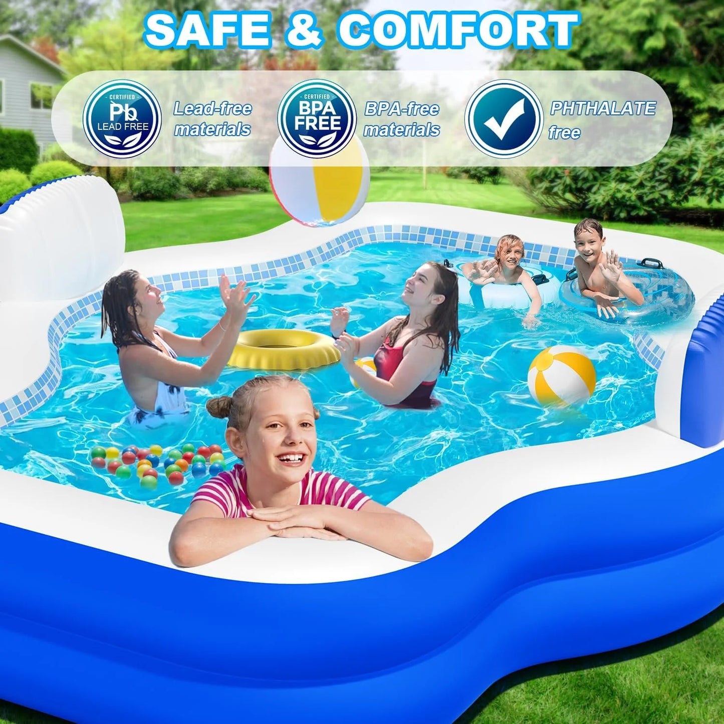 Large Inflatable Swimming Pool for Kids Adults, 121" X 90" X 22" Oversized Thickened Kiddie Pools Family Blow-Up Pool with Pump Seat, Inflatable Pools for Garden, Backyard, Indoor Outdoor Water Party