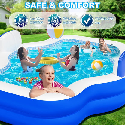 Large Inflatable Swimming Pool for Kids Adults, 121" X 90" X 22" Oversized Thickened Kiddie Pools Family Blow-Up Pool with Pump Seat, Inflatable Pools for Garden, Backyard, Indoor Outdoor Water Party