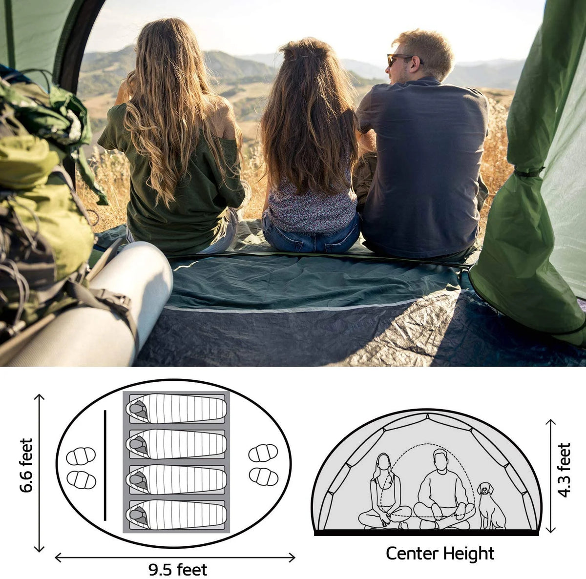 4 Person Easy Pop Up Tent,9.5��X6.6��X52'',Waterproof, Automatic Setup,2 Doors-Instant Family Tents for Camping, Hiking & Traveling