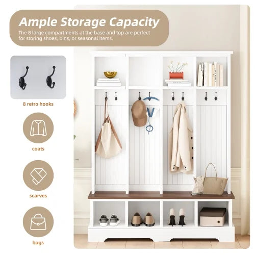 Farmhouse Hall Tree with Bench, 59" Wide Entryway Organizer with 8 Hooks & Storage Compartments, Modern Coat Rack & Shoe Bench for Mudroom,White