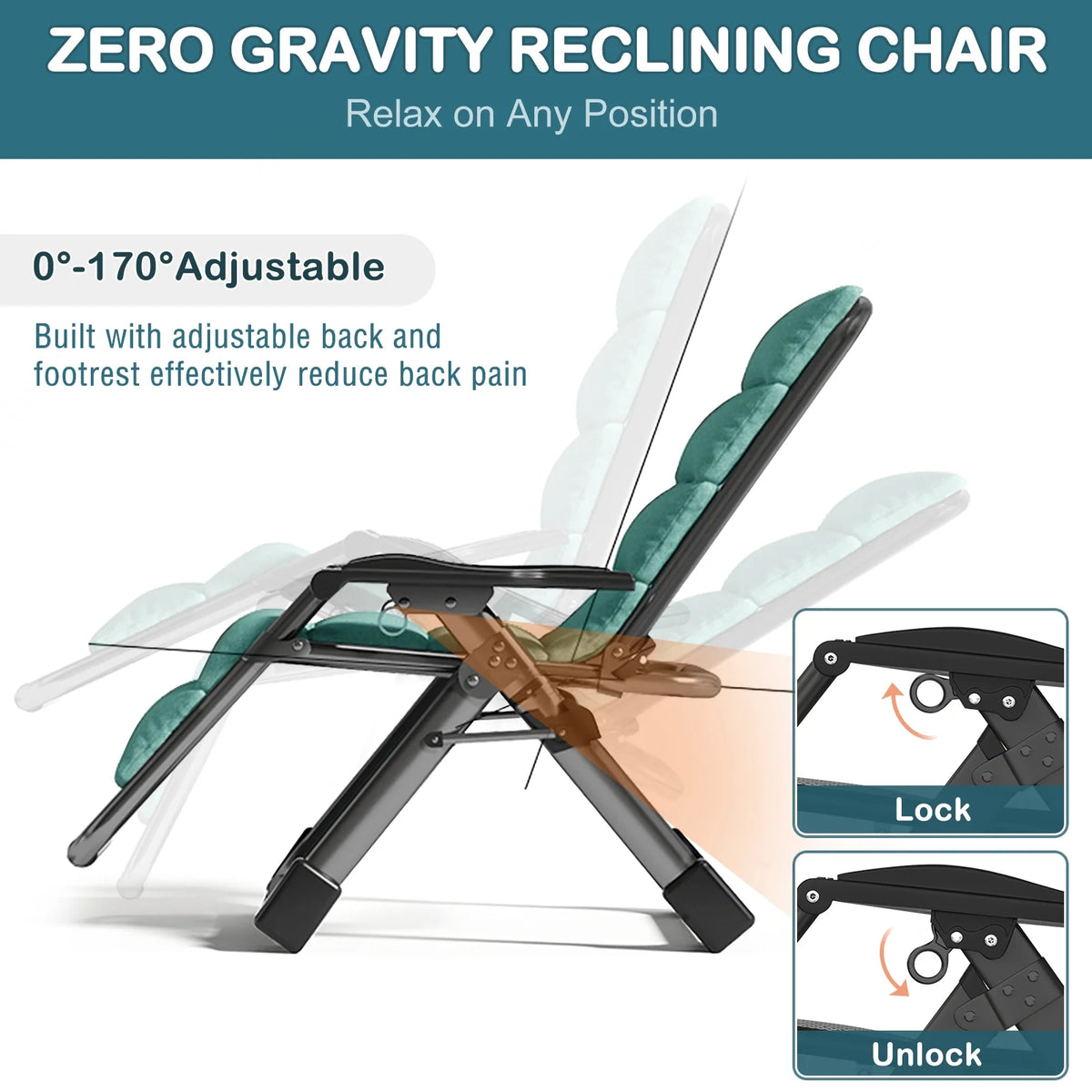 NAIZEA Zero Gravity Chair with Removable Cushion and Cup Holder Black