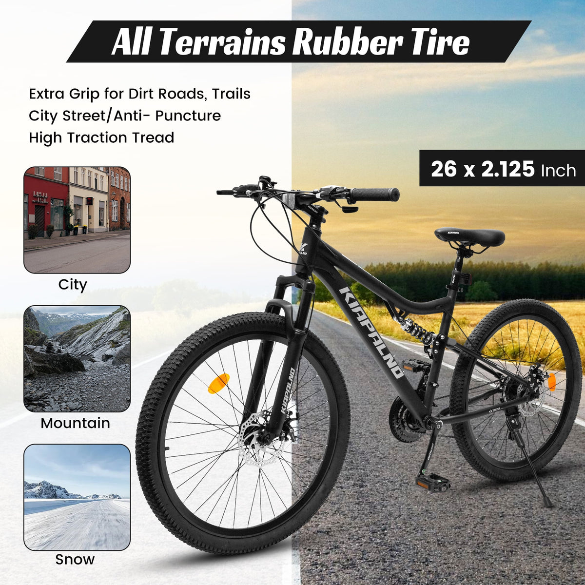 26 Inch Mountain Bike Dual Full Suspension, Shimano 21-Speed Mountain Bicycle with Dual Disc Brakes and Carbon Steel Frame, Trail Beach Snow Commuter City Bike for Adult Men Women, Black