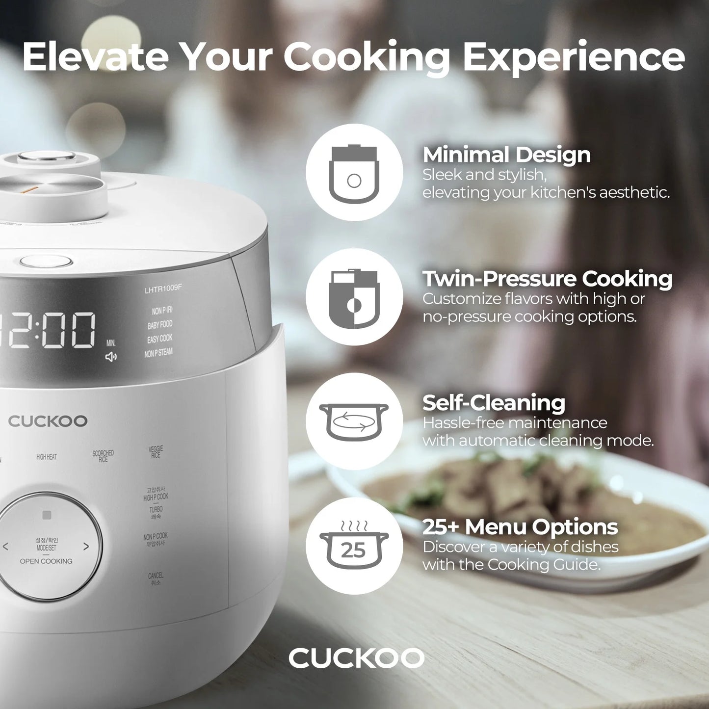 Cuckoo 10 Cup Dry Induction Heating Twin Pressure Rice Cooker with Micom Logic Tech, Nonstick Pot, Warmer, 25 Menu Modes and Voice Guide in White (CRP-LHTR1009FW)