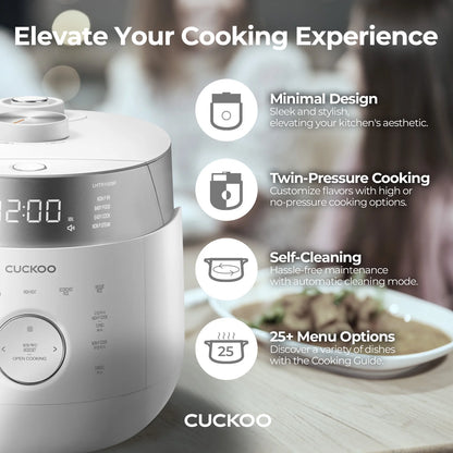 Cuckoo 10 Cup Dry Induction Heating Twin Pressure Rice Cooker with Micom Logic Tech, Nonstick Pot, Warmer, 25 Menu Modes and Voice Guide in White (CRP-LHTR1009FW)