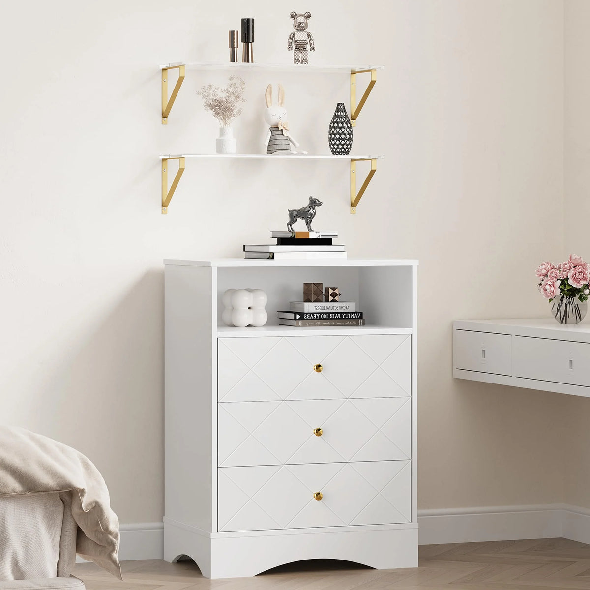 May Color Large White 3 Drawer Dresser Set of 2 with Fluted Panel, Modern Chest of Drawers with Silent Slide Drawers, Wood Accent Nightstand with Storage for Bedroom Living Room, Hallway