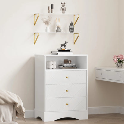 May Color Large White 3 Drawer Dresser Set of 2 with Fluted Panel, Modern Chest of Drawers with Silent Slide Drawers, Wood Accent Nightstand with Storage for Bedroom Living Room, Hallway