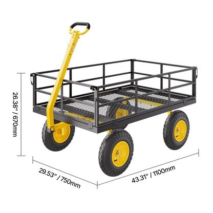 KFFKFF Mesh Steel Garden Cart 1200 Lbs, 43.3 x 29.5 " Heavy Duty Utility Wagon Cart, Pullable Metal Garden Trolley with 13' All Terrain Tires, Removable Mesh Sides, 180��Swiveling Handle (Green)