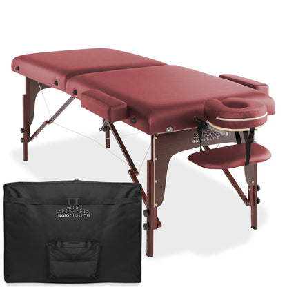 Saloniture Professional Portable Lightweight Bi-Fold Memory Foam Massage Table with Reiki Panels  - Includes Headrest, Face Cradle, Armrests and Carrying Case - Burgundy