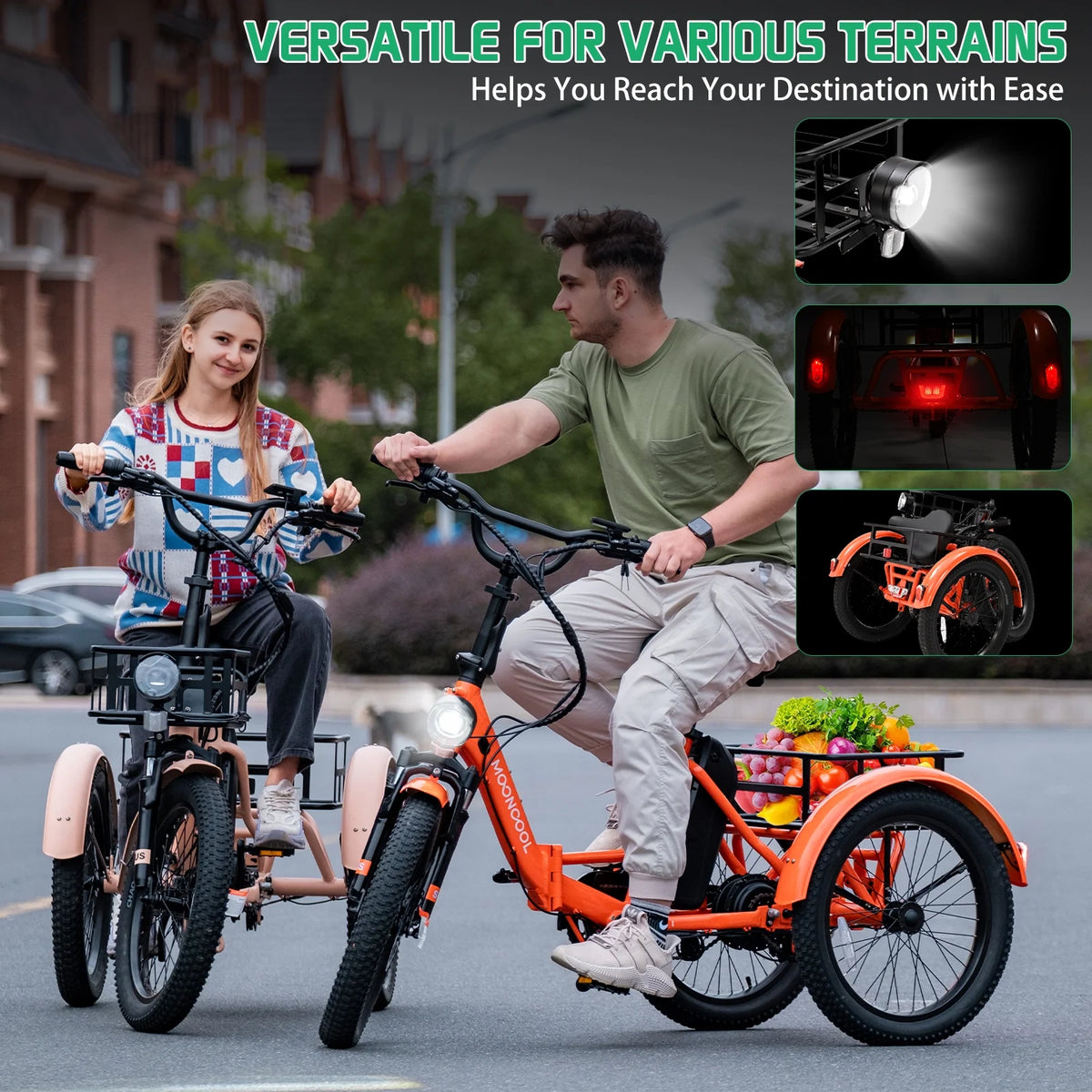 MOONCOOL TK1 Folding Electric Tricycle for Adults,48V 14.5Ah Removable battery, 500W（Peak 1000w）Motor, 20" Fat Tire Step-Thru 3Wheel Electric Bicycle w/Front&Rear Baskets, Certified to UL 2849 by SGS