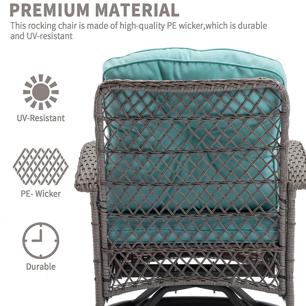 3 Piece Patio Swivel Rocker Chairs Set, 2 360-Degree Swivel Rocking Chairs with 1 Glass Top Table, PE Rattan Outdoor Bistro Set with Cushions for Balcony Deck Poolside Backyard Porch