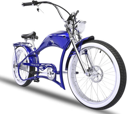 Twenty5 GT 800W Chopper Stretch Cruiser Ebike, 26" Wheels, Supsension Triple Tree Fork, White Wall Tire, Disc Brake, for Men, Blue