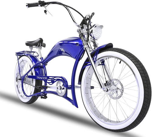 Twenty5 GT 800W Chopper Stretch Cruiser Ebike, 26" Wheels, Supsension Triple Tree Fork, White Wall Tire, Disc Brake, for Men, Blue