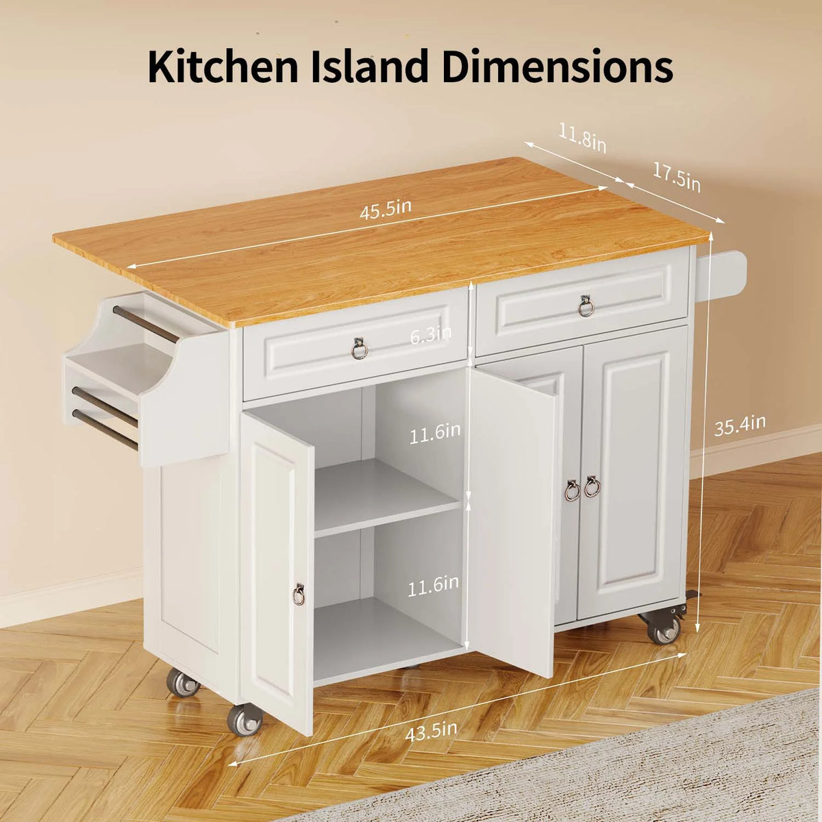 Lofka 52-Inch Kitchen Island with Storage on Wheels with Wood Drop Leaf, Ideal for Small Kitchens