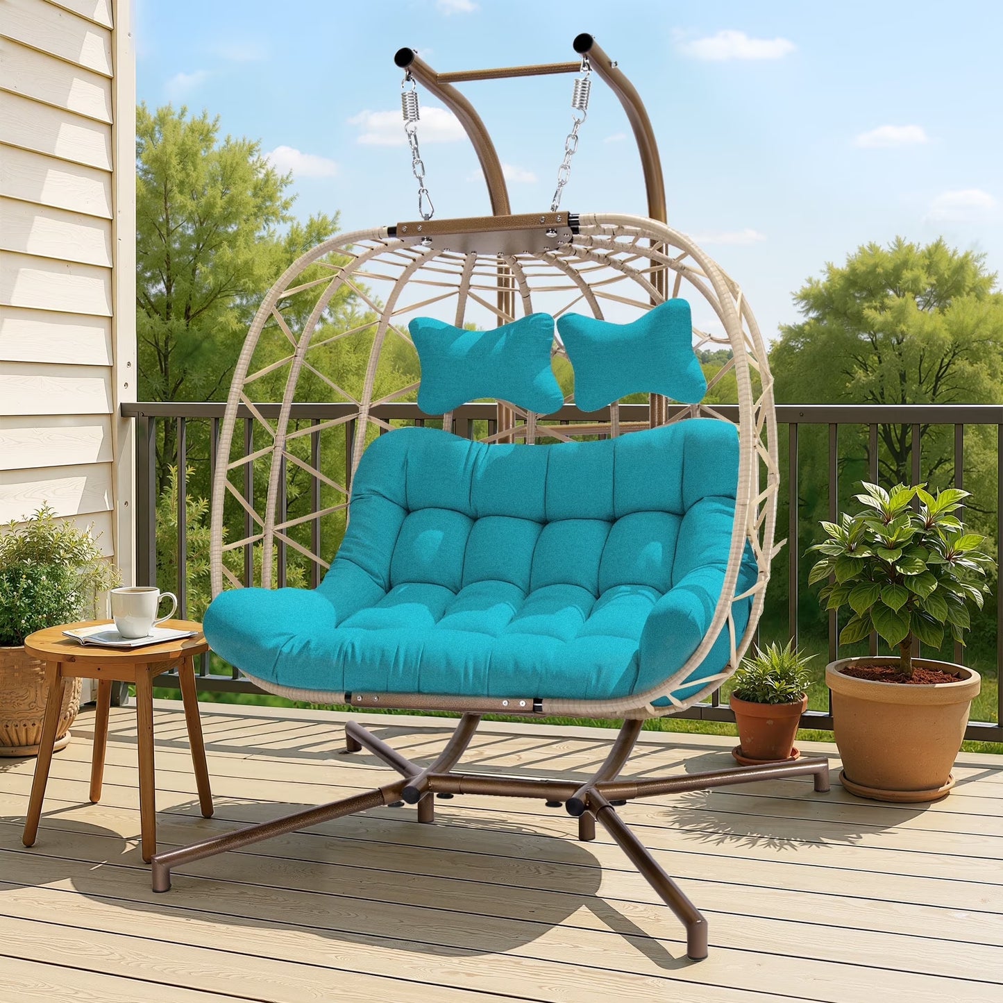 RADIATA Double Wicker Egg Swing Chair with Stand, 2-Person Hanging Egg Chair for Indoor/Outdoor, 700lbs Capacity, Thick Cushions & Headrest,Sturdy Metal Frame��Dark Gray