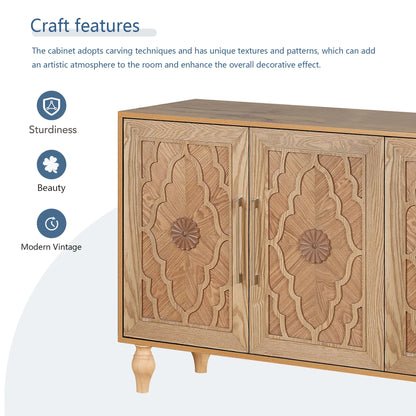 Aukfa 63" Large Accent Storage Cabinet TV Stand with Carved Door for Living Room,Entryway,Natural