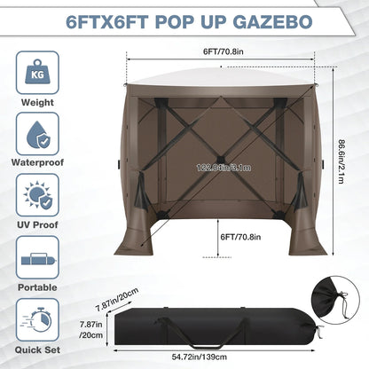 Hoteel 6x6ft Outdoor Pop Up Gazebo for Camping, Screen House with 4 Sidewalls and Mosquito Netting, Waterproof, UV Resistant,Portable Carry Bag, for Outdoor Camping, Lawn and Backyard, Brown