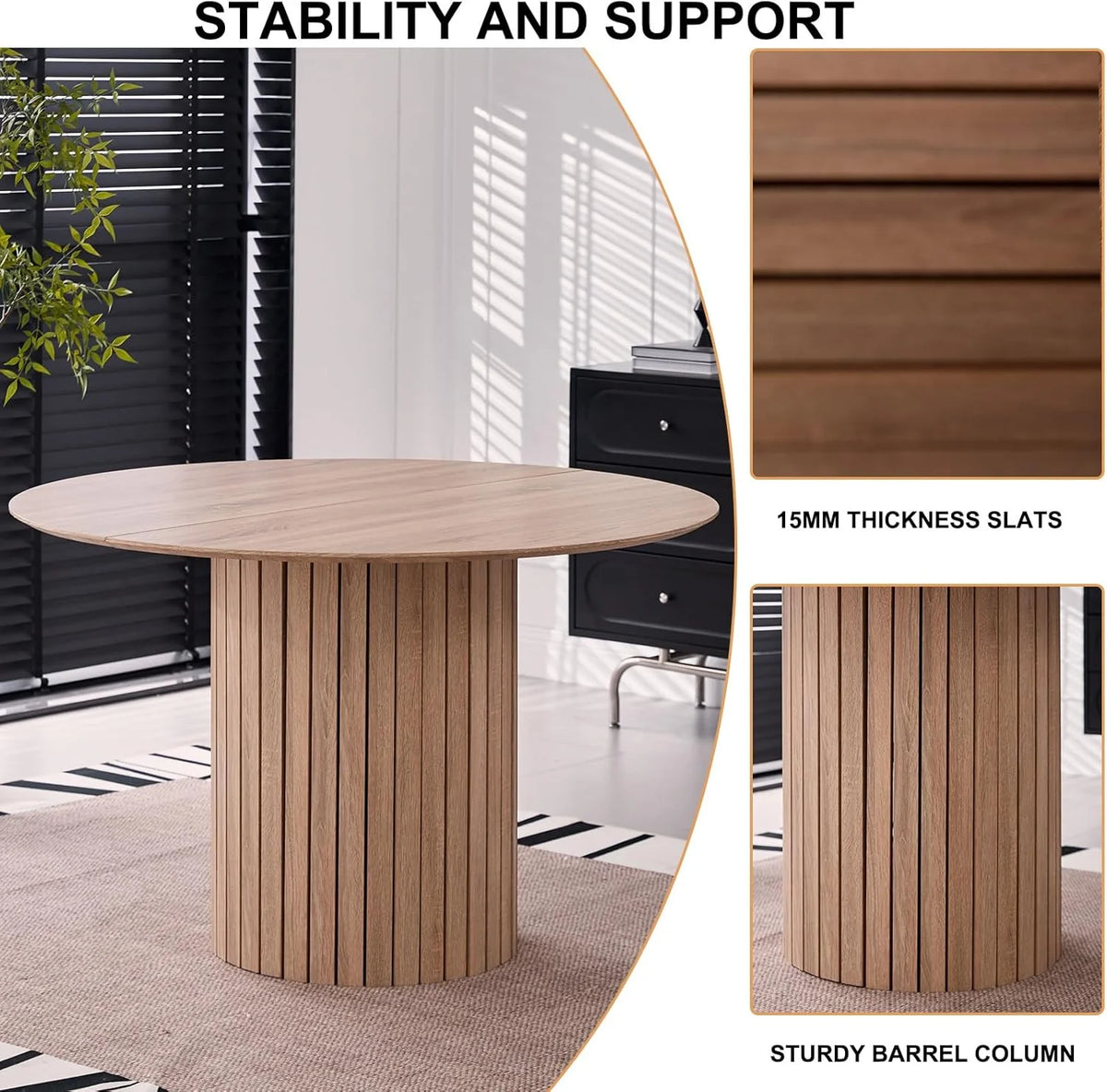 5 Piece Round Dining Table Set - Mid-Century 47 inch Oak Dining Table with 4 Brown Faux Leather Chairs Set, Dinner Table & Chair with Metal Legs for Kitchen Dining Room, Apartment, Bedroom