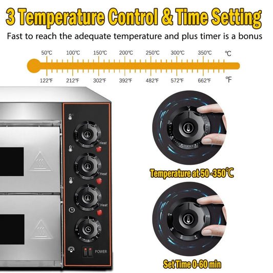 Commercial Pizza Oven 16 inch Pizza Double Deck 3000W 110V Electric Oven Multipurpose Toaster Bake Broiler 40L Stainless Steel for Restaurant Home Pizza Pretzels Baked Roast Yakitori