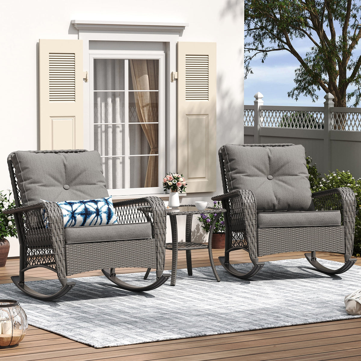 ELPOSUN 3-Piece Outdoor Rocking Chairs, Wicker Patio Furniture with Thickened Cushions and Table for Porch