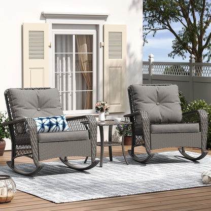 ELPOSUN 3-Piece Outdoor Rocking Chairs, Wicker Patio Furniture with Thickened Cushions and Table for Porch