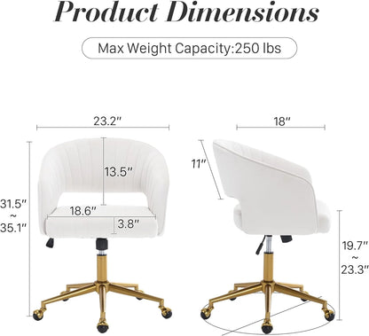 Home Office Swivel Desk Chair, Modern Velvet Vanity Chair, Height Adjustable Armchair with Gold Base, Ergonomic Office Chair for Task Study Computer Room, Beige