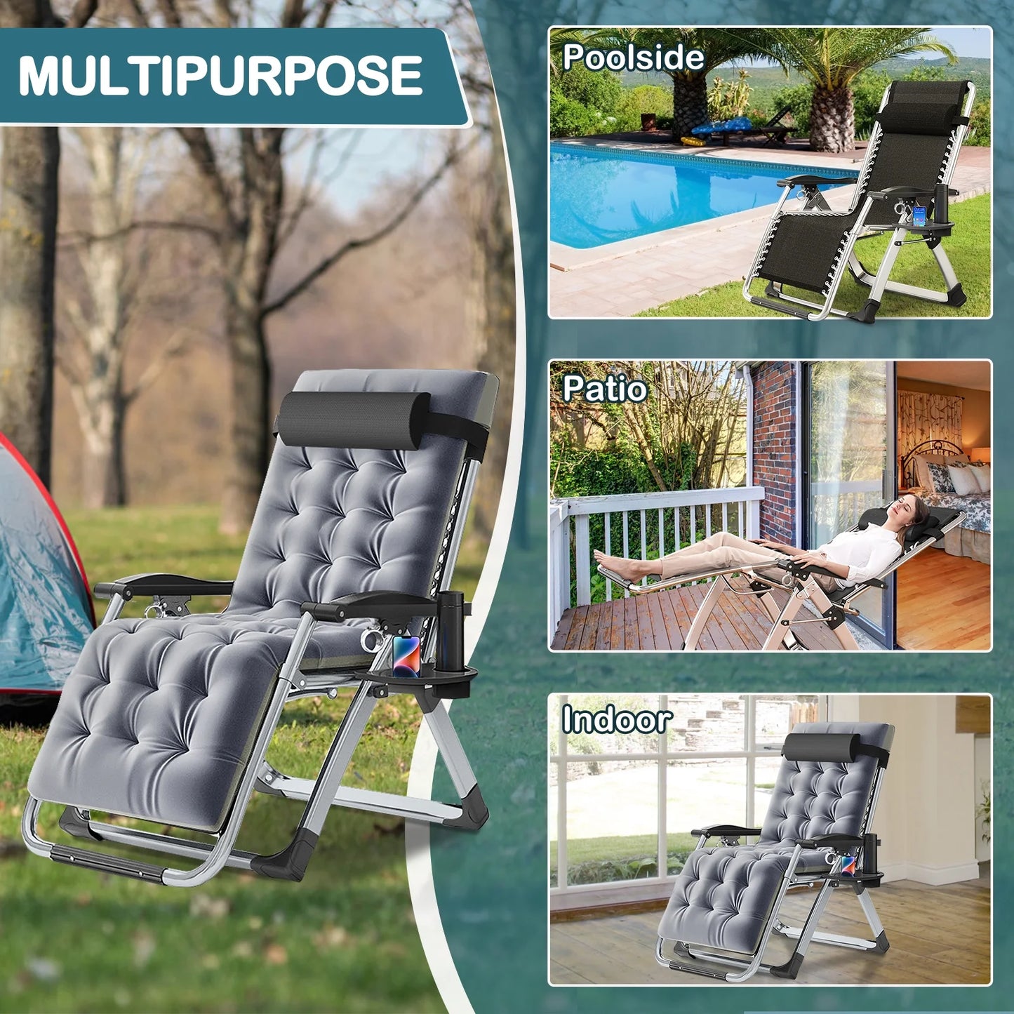NAIZEA 2 Pack Zero Gravity Chair, Foldable Portable Lawn Recliner with Cushion, Headrest, Cup Holder, Black