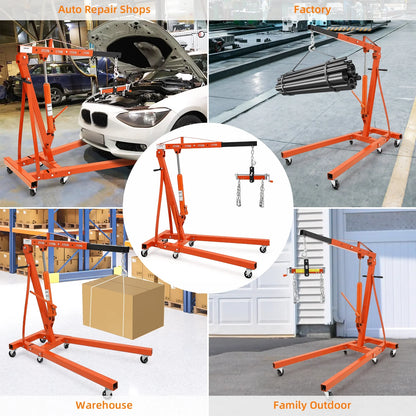 GARVEE 2 Ton Folding Hydraulic Engine Hoist with Lever,Folding Engine Shop Crane Hoist Lift,Heavy Cherry Picker with 6 Wheels for Garage,Workshop,Yellow