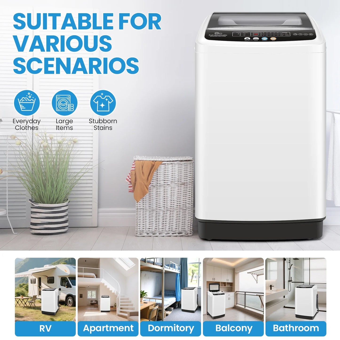 Veeboto 20lbs Fully Automatic Washing Machine, Washer Machine with 10 Wash Programs/8 Water Levels, Portable Washing Machine with LED Display & 1 Adjustable feet, White