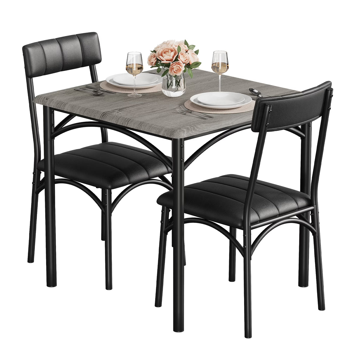 3 Piece Dining Table Set, Modern Industrial Table and Chairs Set for Home Kitchen, Kitchen Table Set for Small Space, Apartment, Rustic Gray