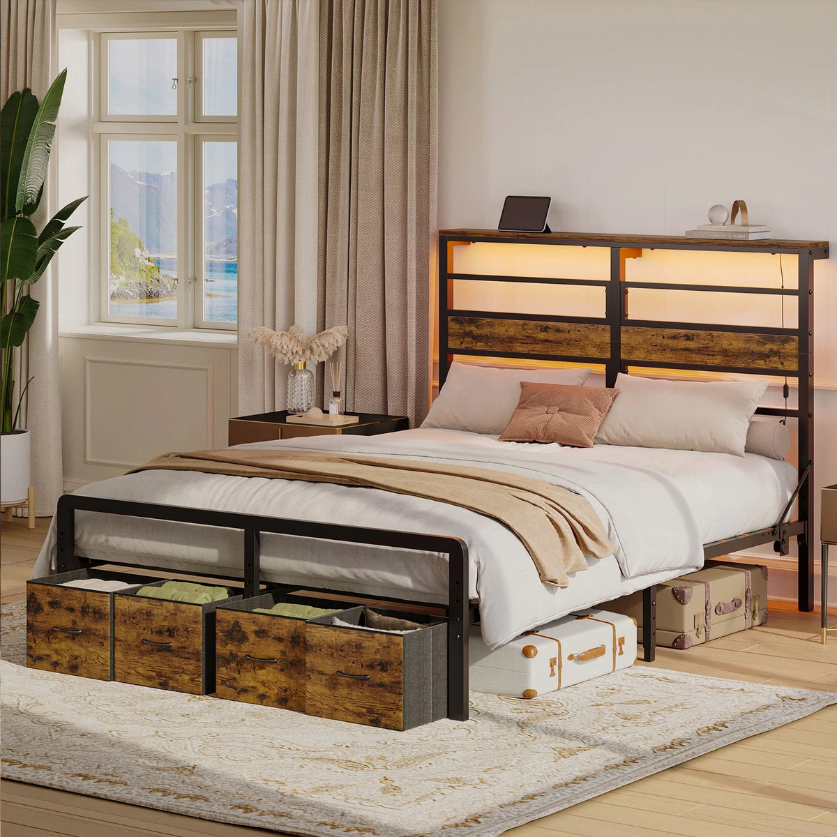 Pinmoco LED Queen Bed Frame with 49.2" High Storage Headboard and 4 Drawers, Adjustable Base Height Metal Platform Bed with Charging Station, Rustic