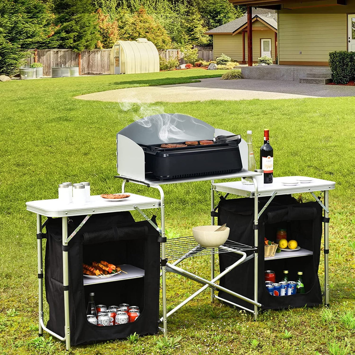 Camping Kitchen Table with Storage, Aluminum Portable Outdoor Cooking Table with Windscreen, Foldable Camp Table Cook Station for BBQ, Grill, Party, Picnics