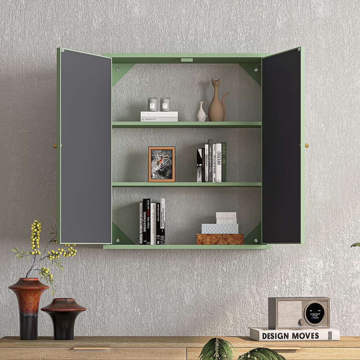 27.56"Modern Wall Cabinet with Glass Doors, Bathroom Cabinet with Featuring Three-tier Storage for Entryway Living Room, Bathroom or Dining Room, Mint Green